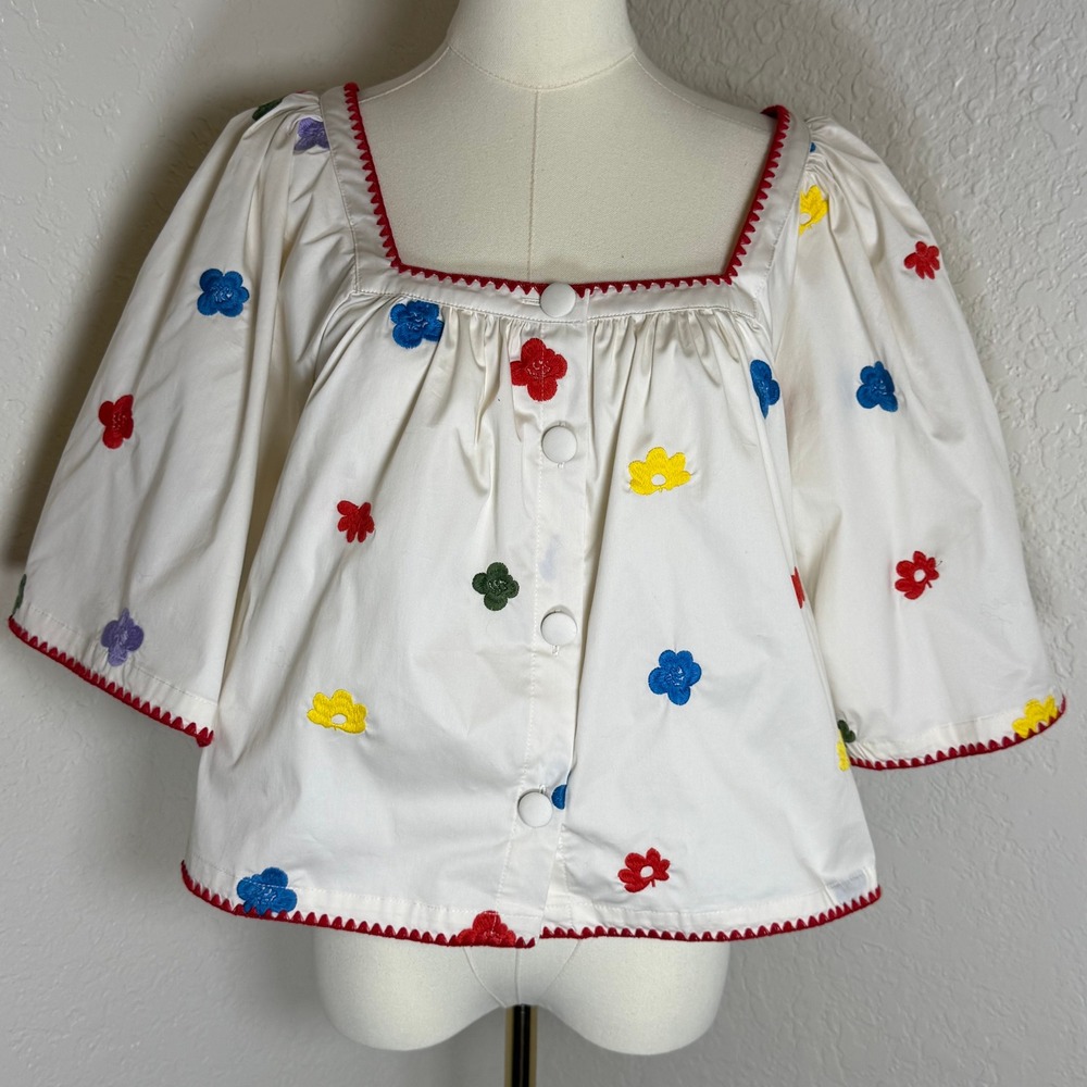 Embroidered Puff Sleeve Caroline Constas Floral Blouse White Top Coquette Boho